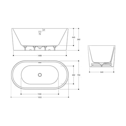 [BBFSB352] Traditional Double Ended Slipper Bath, 1499 x 750 x 580mm, Gloss White - Technical Drawing