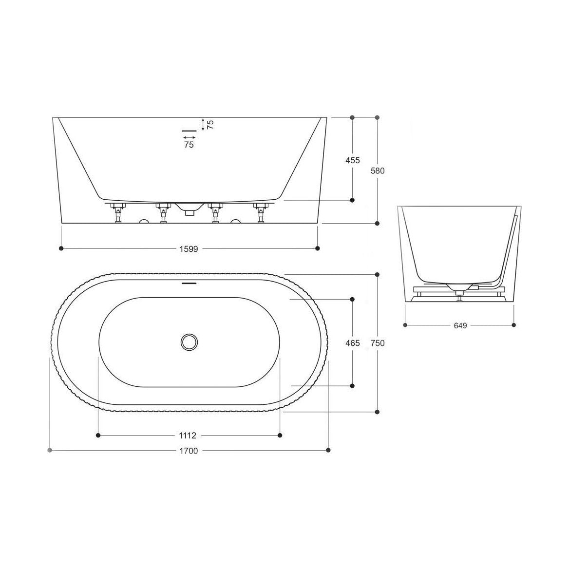 [BBFSB353] Modern Curved Back To Wall Bath, 1700 x 486 x 580mm, Gloss White - Technical Drawing