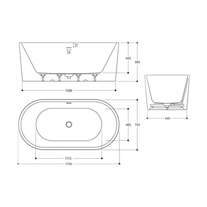 [BBFSB353] Modern Curved Back To Wall Bath, 1700 x 486 x 580mm, Gloss White - Technical Drawing