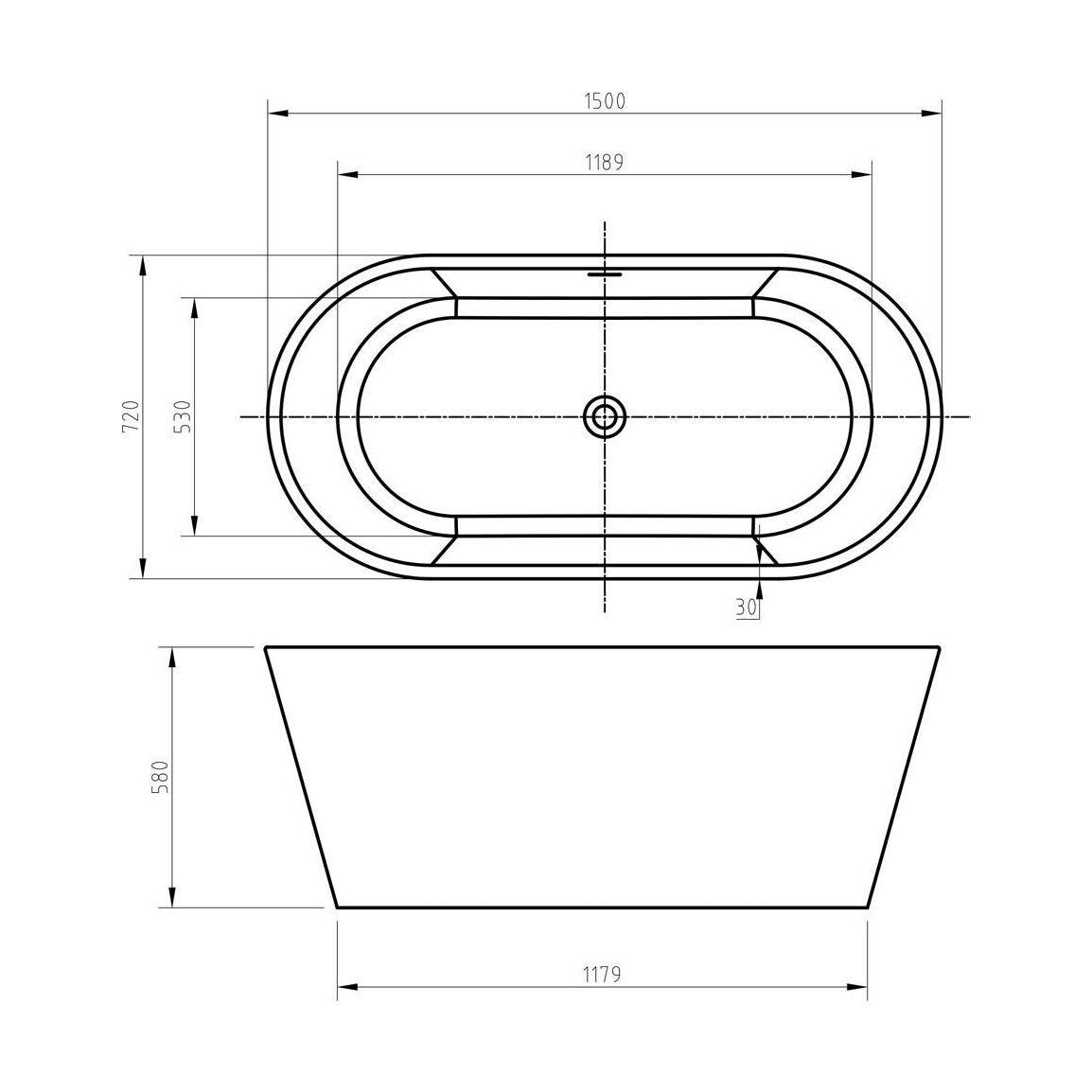 [BBFSB399-A] Freestanding Acrylic Double Ended Bath - Choice of Size - Technical Drawing