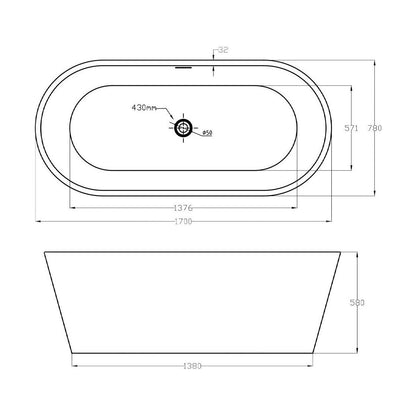 [BBFSB401-A] Freestanding Acrylic Double Ended Bath - Choice of Size - Technical Drawing