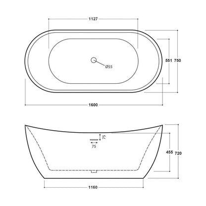 [BBFSB407] Modern Double Ended Bath, 1160 x 551 x 720mm, White - Technical Drawing