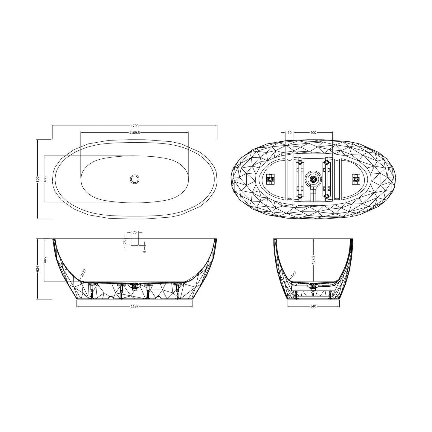 [BBFSB601MW-A] Cincelado Crystal 1700 Matt White FSB - Technical Drawing