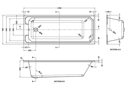 [BBHA109] Harrington Traditional Straight Single Ended Bath Tub, Choice of Size - Line Drawing