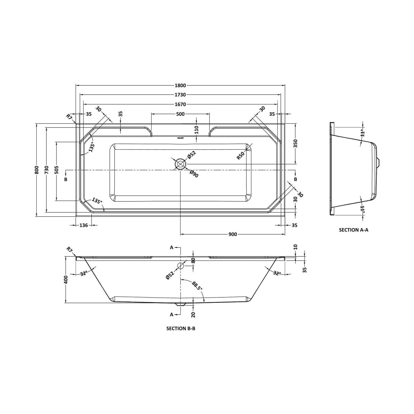 [BBHA114] Balterley Harrington Traditional Straight Double Ended Shower Bath Tub, 1800mm x 800mm - White - Technical Drawing