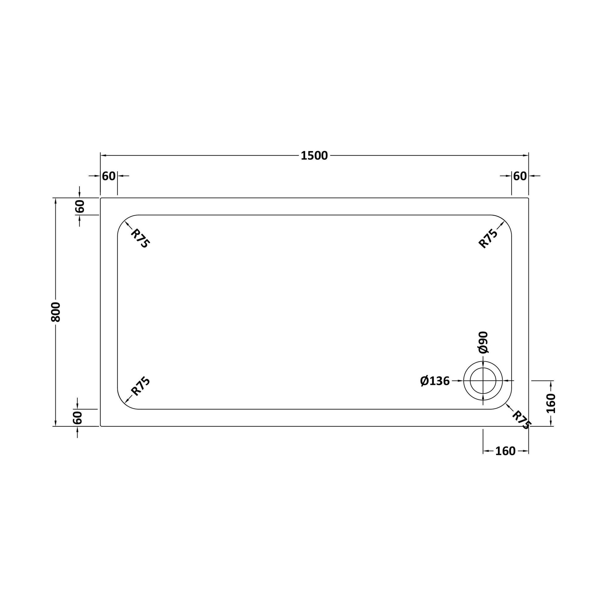 [BBHAS1580] Hydro45 Anti Slip Tray 1500 x 800 WH - Technical Drawing