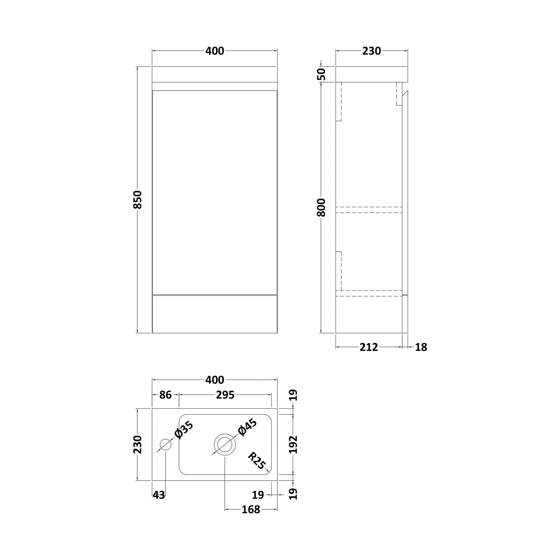 [BBHFT400G] 400mm Matt Grey Vanity Unit with Basin - Technical Drawing