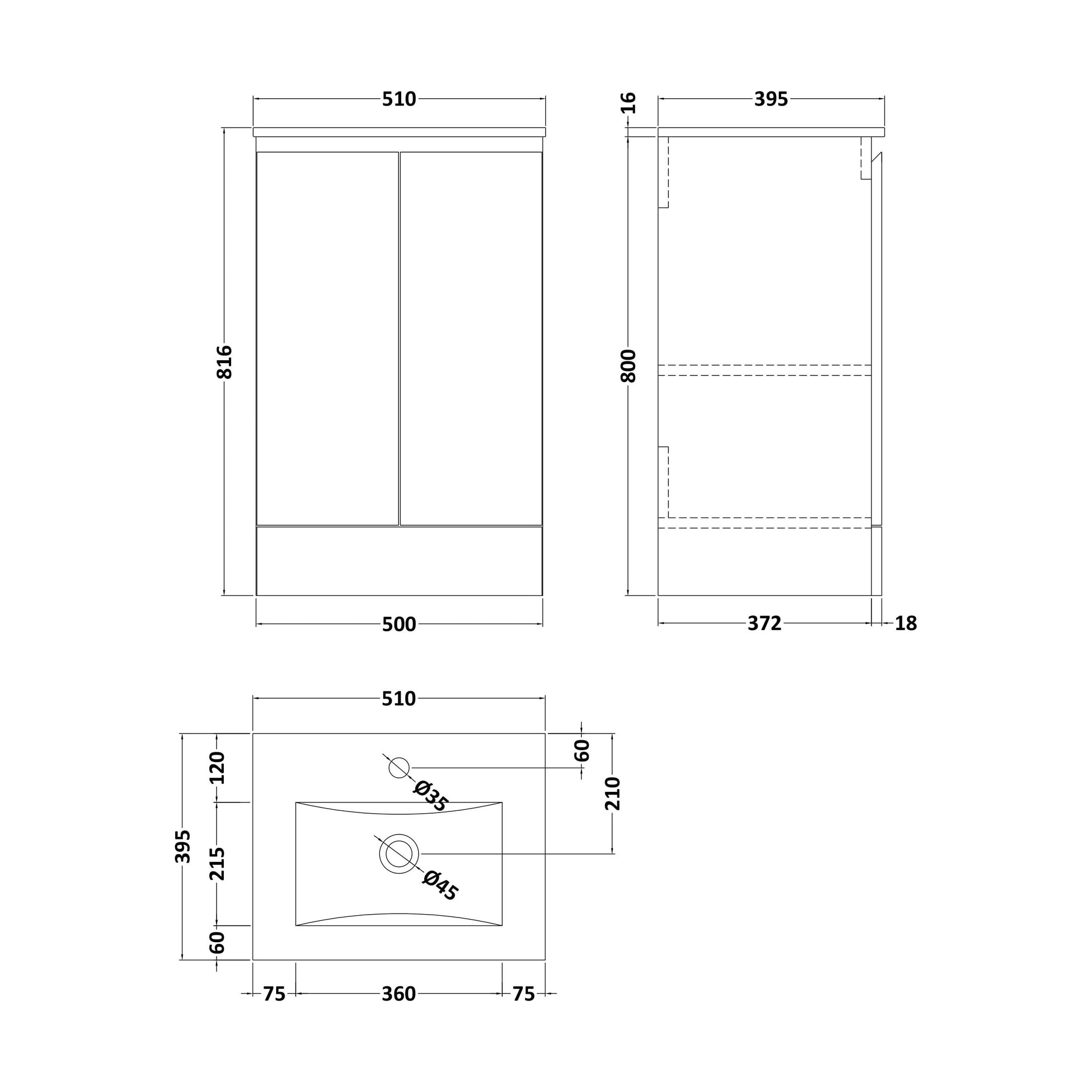 [BBHFT500G] 500mm Matt Grey Vanity Unit with Basin - Technical Drawing