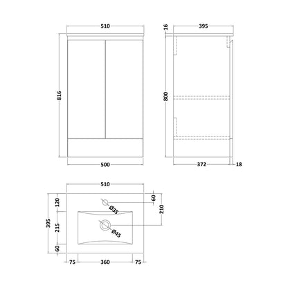 [BBHFT500G] 500mm Matt Grey Vanity Unit with Basin - Technical Drawing