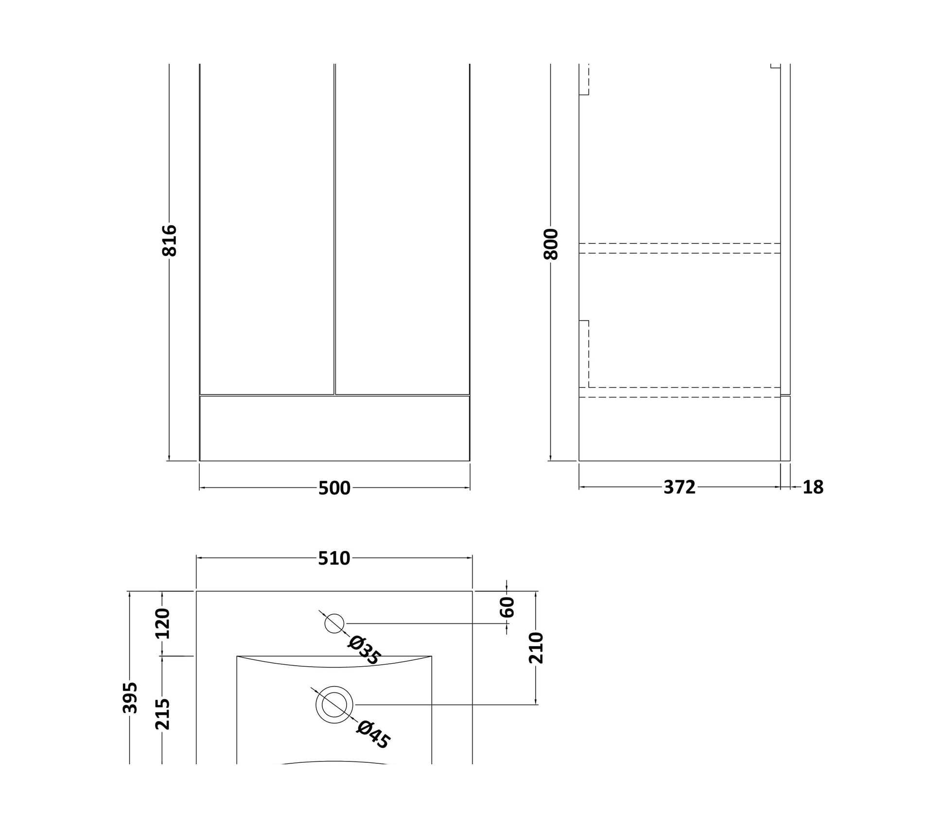 [BBHFT500] 500mm White Vanity Unit with Basin - Technical Drawing