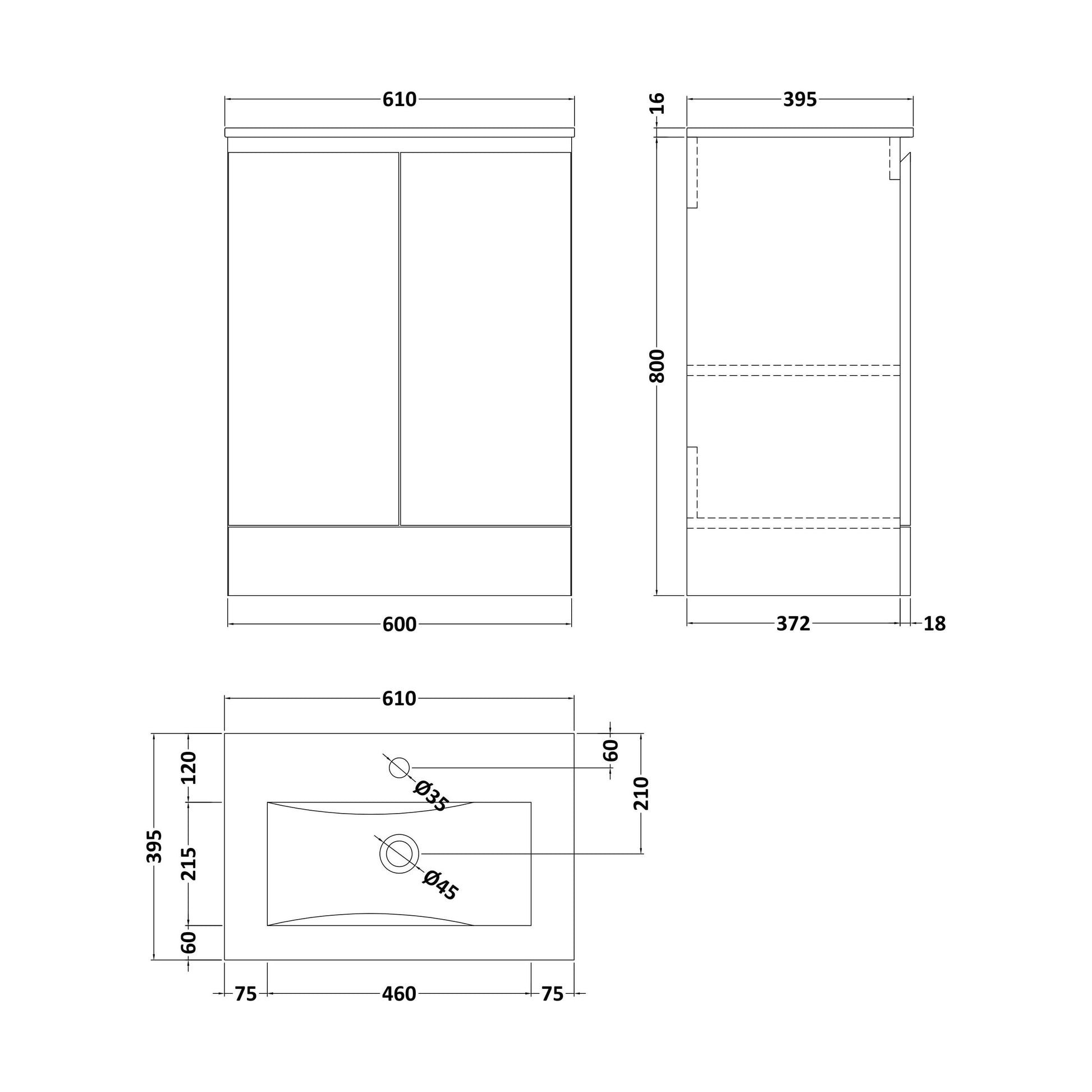 [BBHFT600G] 600mm Matt Grey Vanity Unit with Basin - Technical Drawing
