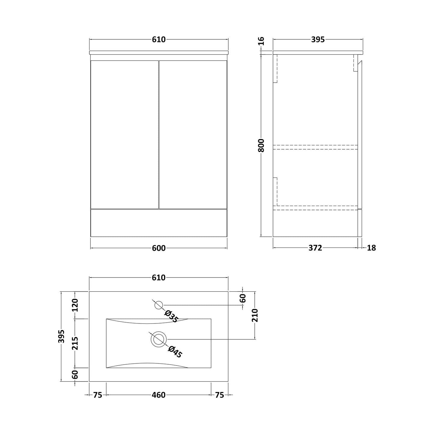 [BBHFT600] 600mm White Vanity Unit with Basin - Technical Drawing