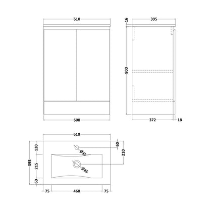 [BBHFT600] 600mm White Vanity Unit with Basin - Technical Drawing