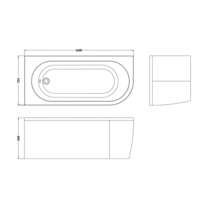 [BBKI004L] Balterley 1600mm Left-Hand Curved Bath With Legs And Panel - Technical Drawing