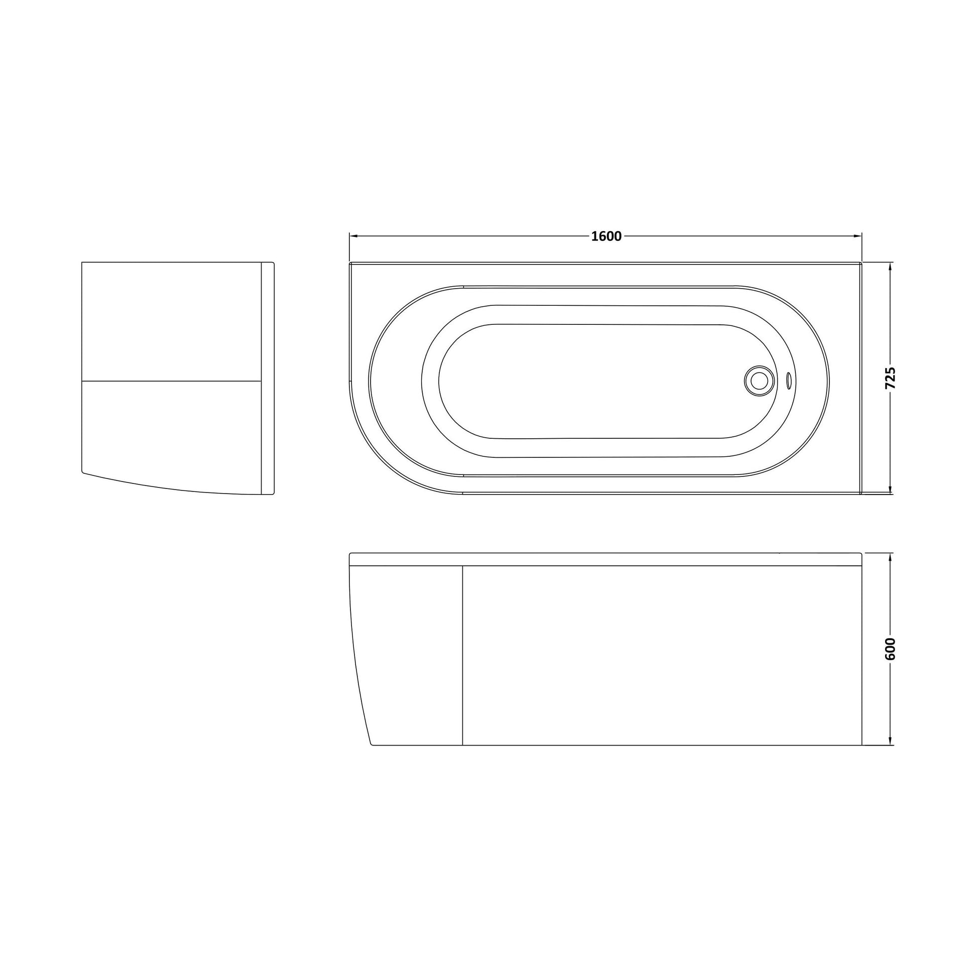[BBKI004R] Balterley 1600mm Right-Hand Curved Bath With Legs And Panel - Technical Drawing