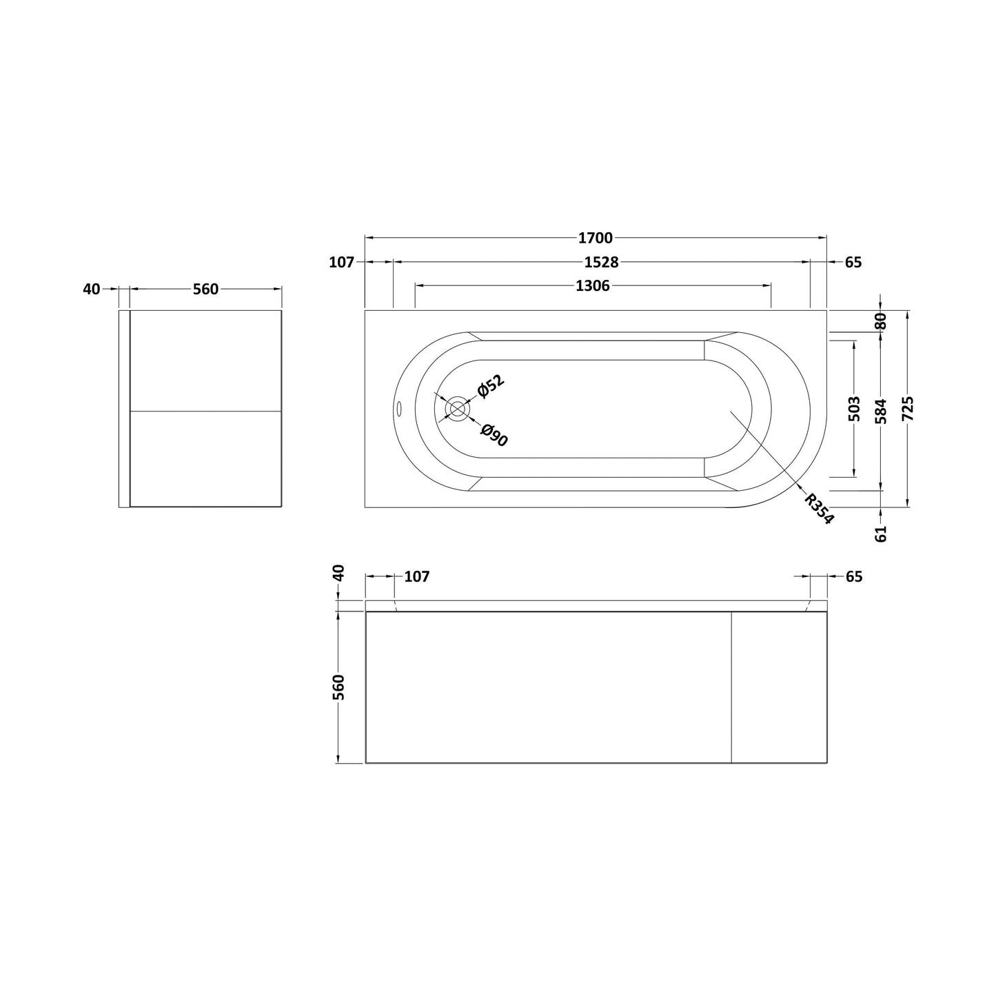 [BBKI005L] Kingsley Left Hand Back to Wall Corner J Shaped Bath Tub and Panel - 1700mm - Balterley - Technical Drawing