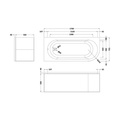 [BBKI005L] Kingsley Left Hand Back to Wall Corner J Shaped Bath Tub and Panel - 1700mm - Balterley - Technical Drawing