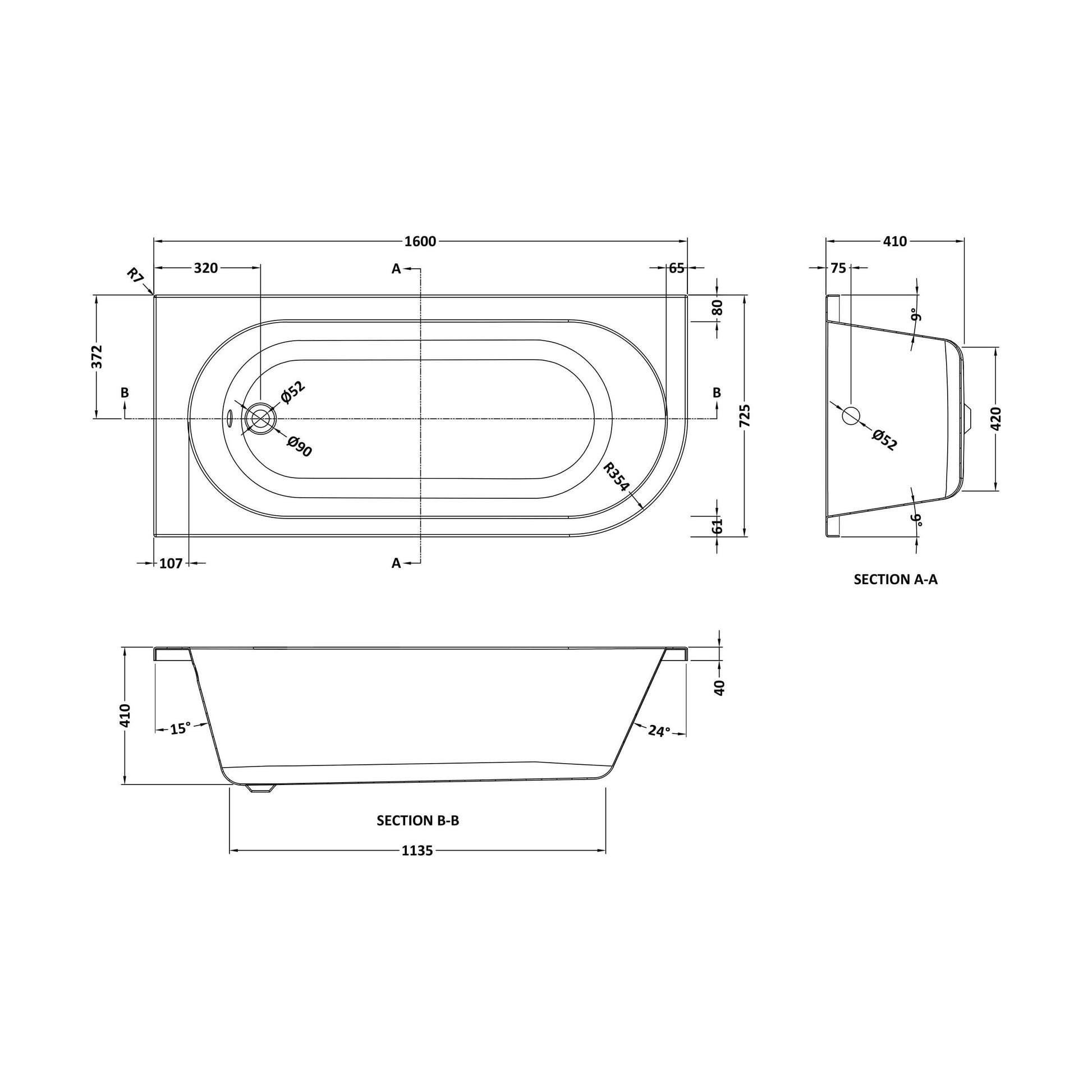 [BBKI207L] 1600 LH BTW Corner Bath & Legs(No Panel) - Technical Drawing