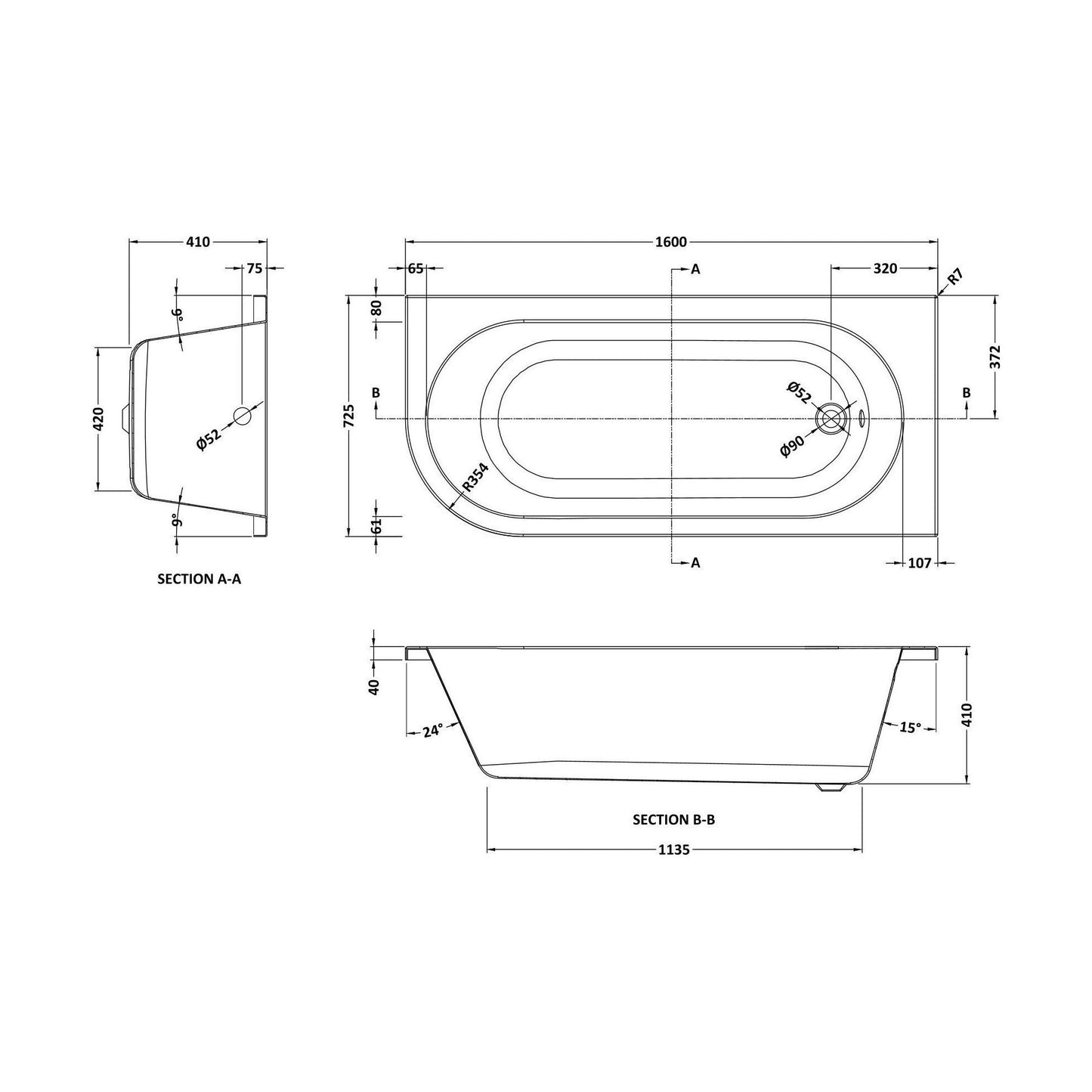 [BBKI207R] 1600 RH BTW Corner Bath & Legs(No Panel) - Technical Drawing