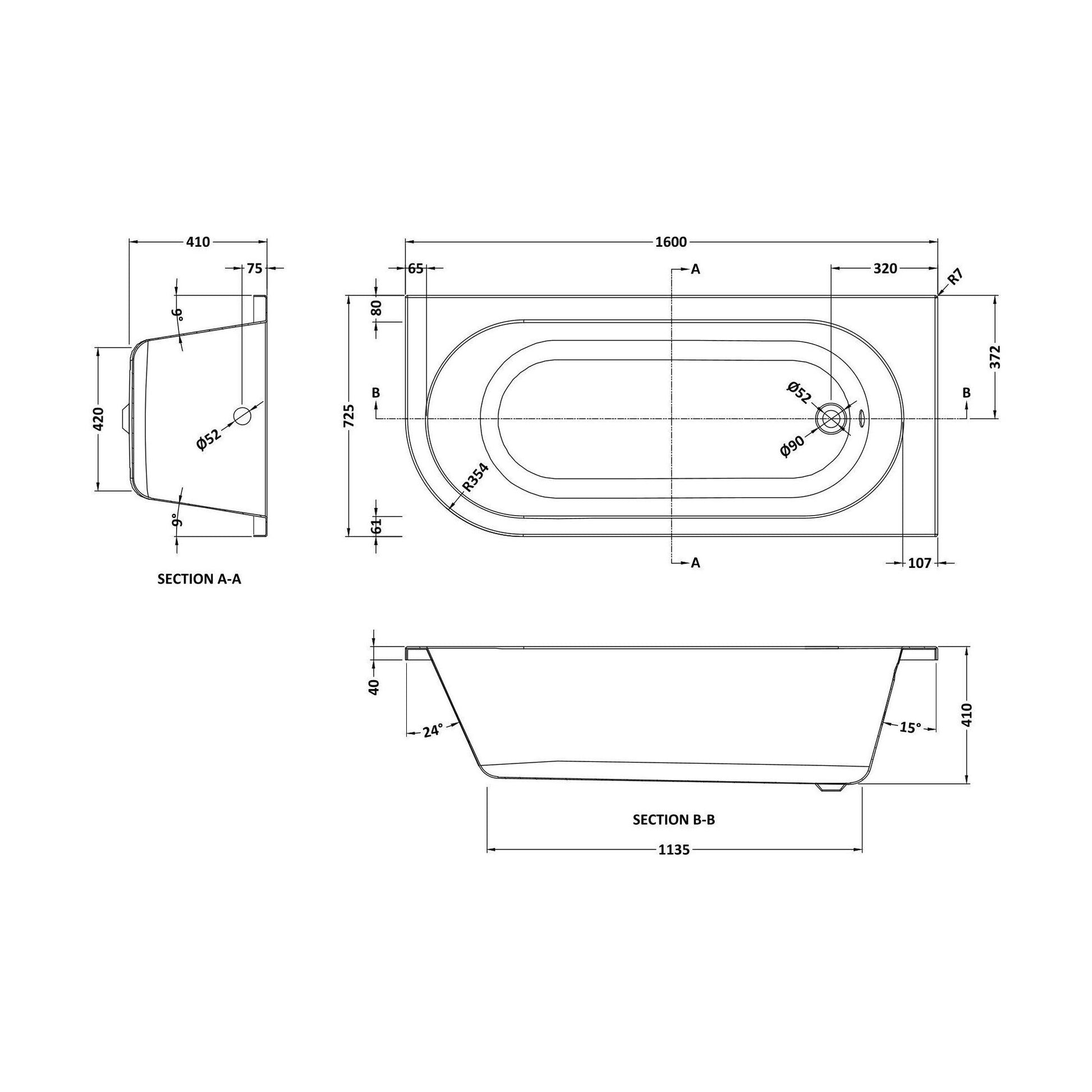 [BBKI207R] 1600 RH BTW Corner Bath & Legs(No Panel) - Technical Drawing