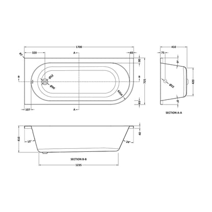 [BBKI209L] Kingsley Left Hand Back to Wall J Corner Bath with Leg Set (Taps, Waste and Panel Not Included) - 1700mm - Balterley - Technical Drawing