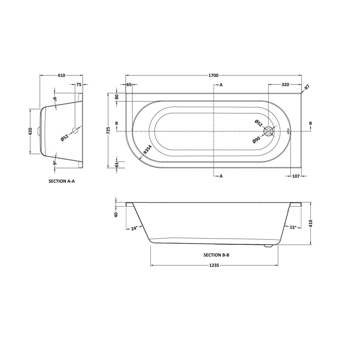 [BBKI209R] Kingsley Right Hand Back to Wall J Corner Bath with Leg Set (Taps, Waste and Panel Not Included) - 1700mm - Balterley - Technical Drawing
