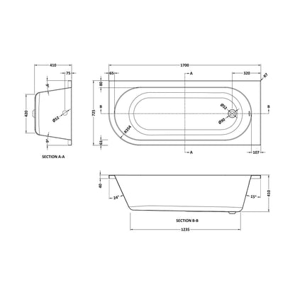 [BBKI209R] Kingsley Right Hand Back to Wall J Corner Bath with Leg Set (Taps, Waste and Panel Not Included) - 1700mm - Balterley - Technical Drawing