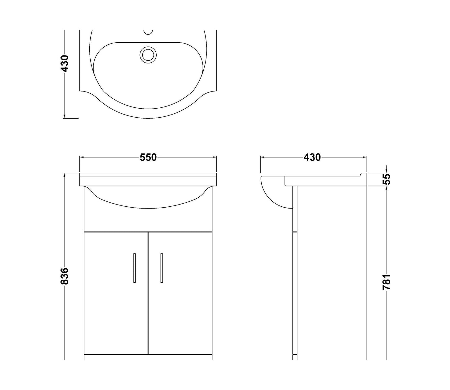 [BBKS55CS] KASS 550mm Basin Unit - 2 x Door W/Basin - Technical Drawing