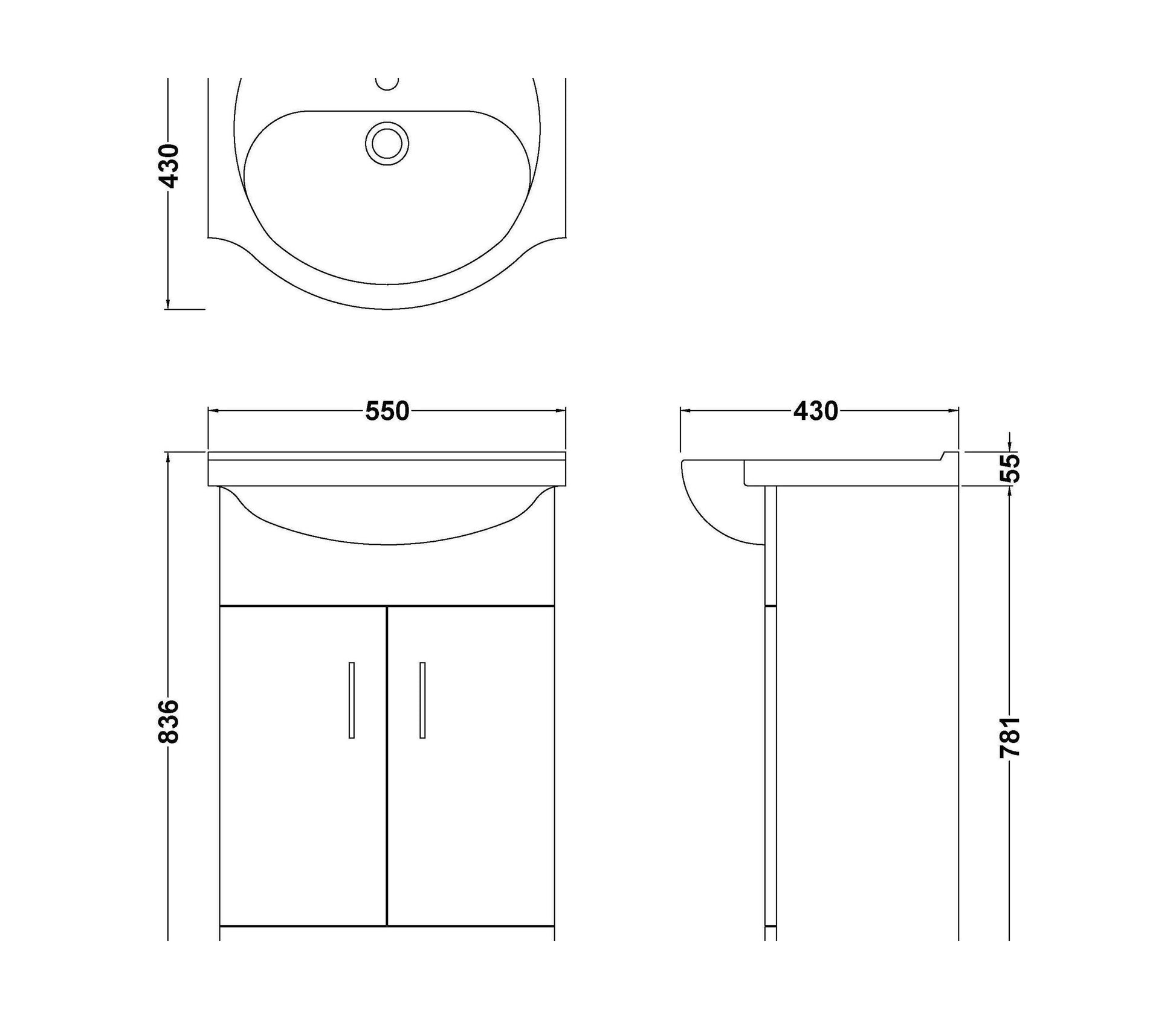 [BBKS55CS] KASS 550mm Basin Unit - 2 x Door W/Basin - Technical Drawing
