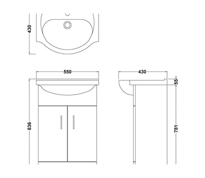[BBKS55CS] KASS 550mm Basin Unit - 2 x Door W/Basin - Technical Drawing