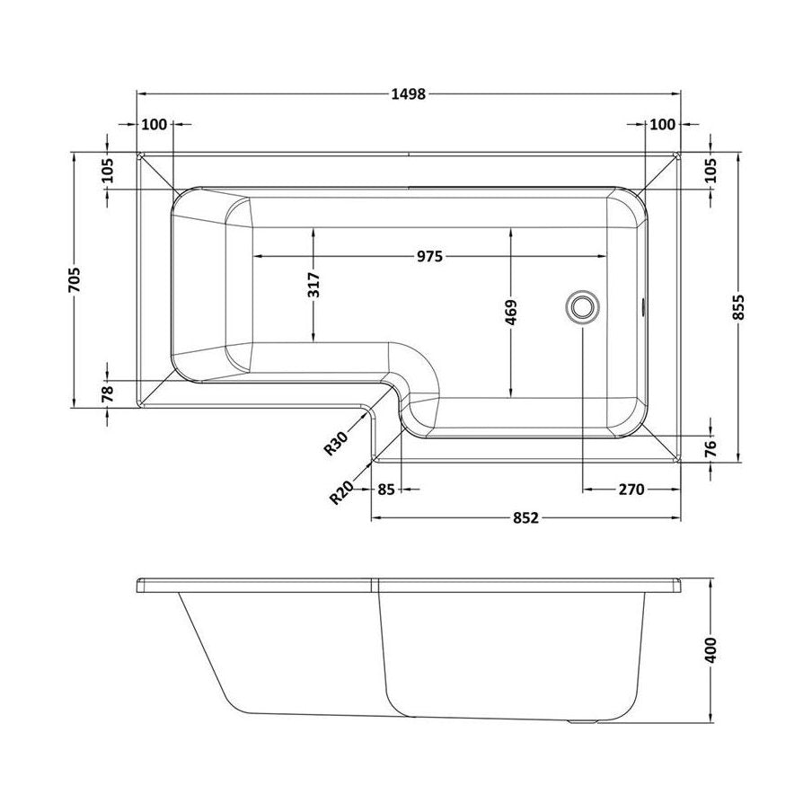 [BBL15PR] Contemporary L Shaped Bath & Side Panel Right Hand, 1500 x 850 x 390mm - Technical Drawing