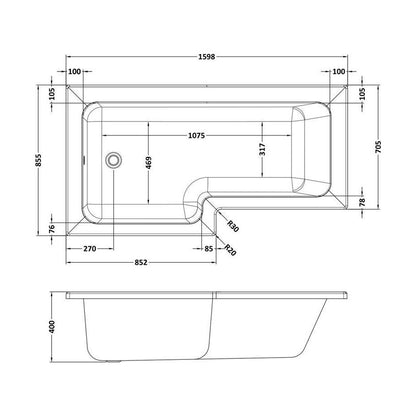[BBL16PL] Contemporary L Shaped Bath & Side Panel Left Hand, 1600 x 850 x 390mm - Technical Drawing