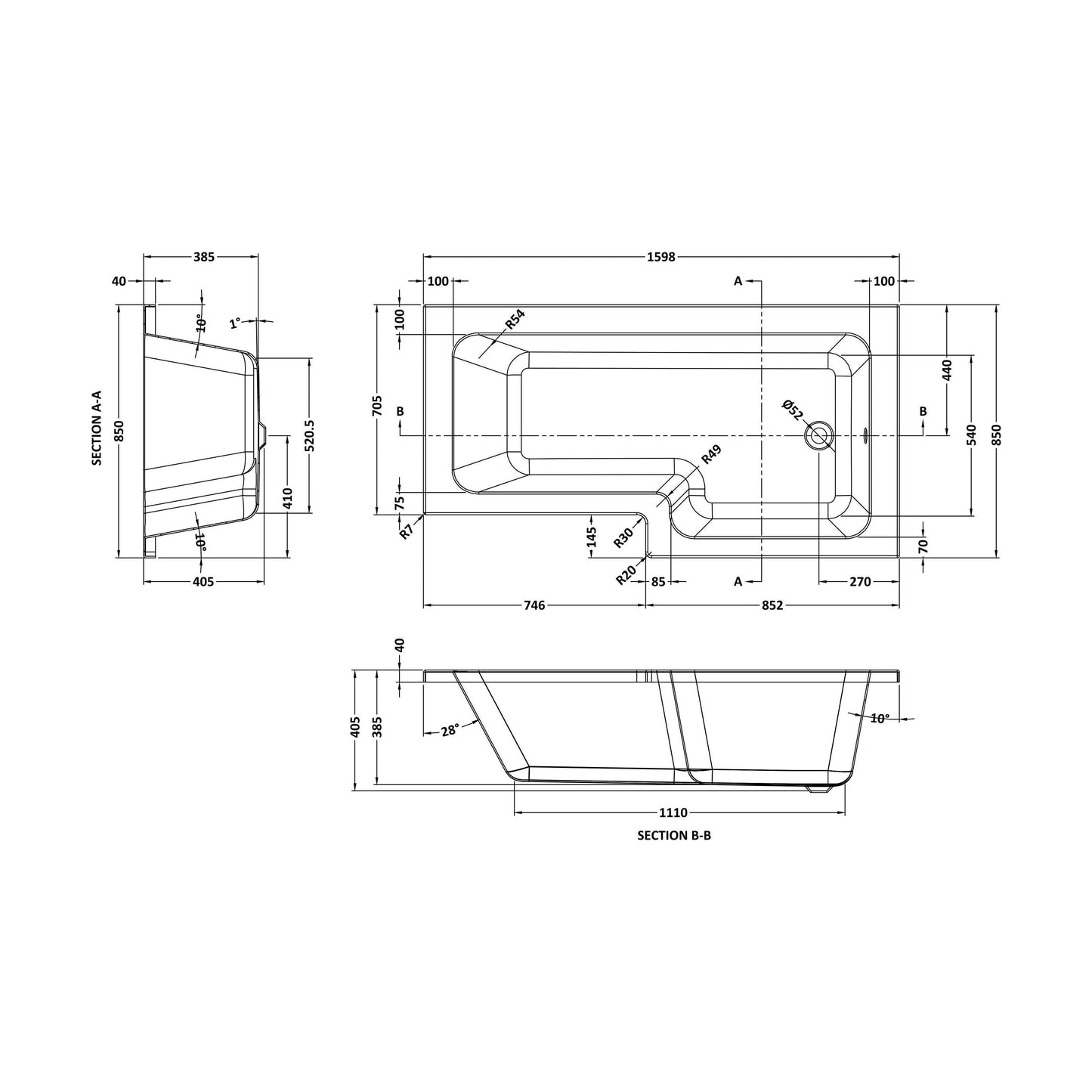 [BBL16R] L SQUARE SHOWER BATH RH 1600x850x700x585 - Technical Drawing