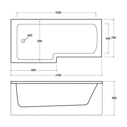 [BBL17R] L SQUARE SHOWER BATH RH 1700x850x700x585 - Technical Drawing