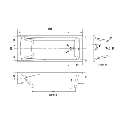 [BBLA17] Blanc SQ SglENDED BATH 1700x700x400 - Technical Drawing