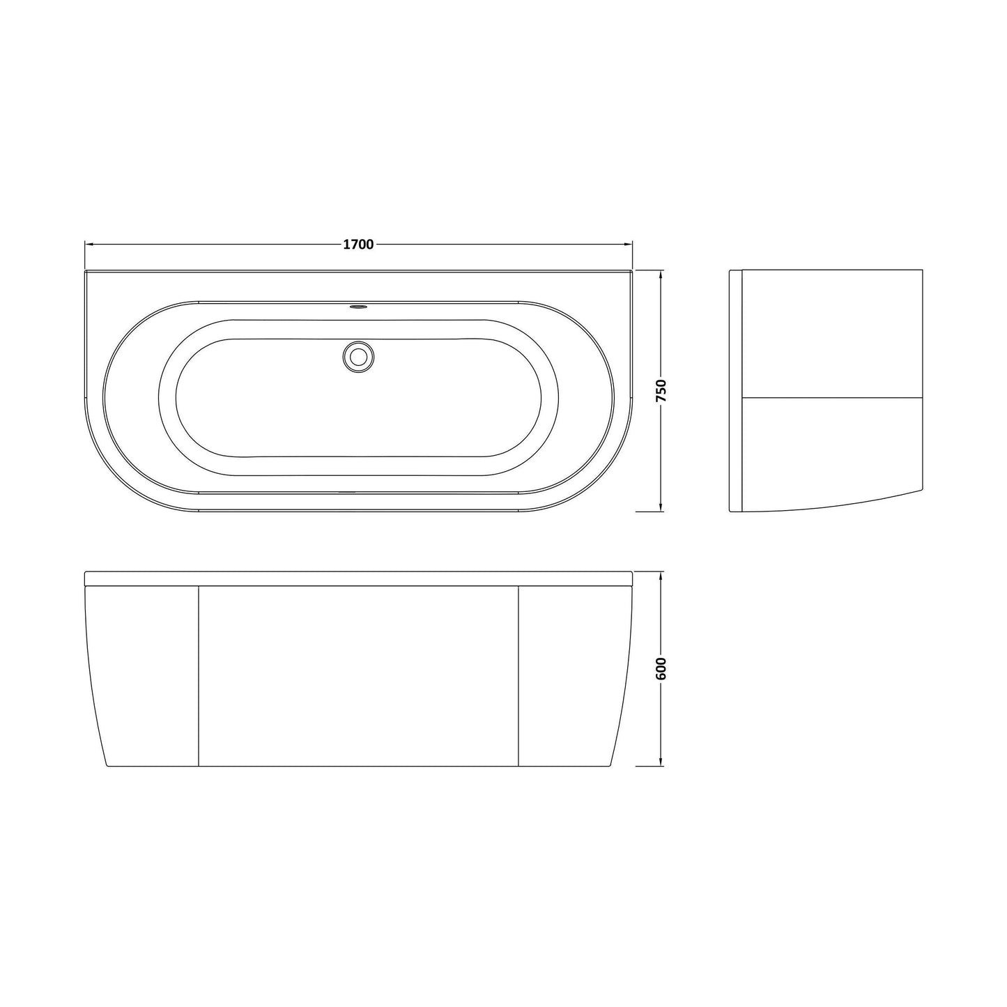 [BBLI003] 1700 x 750 Curved Back To Wall Bath & Panel - Technical Drawing