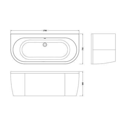 [BBLI003] 1700 x 750 Curved Back To Wall Bath & Panel - Technical Drawing
