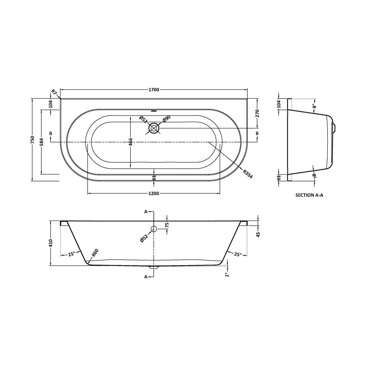 [BBLI020] Lily Back To Wall Bath & Legs - Technical Drawing