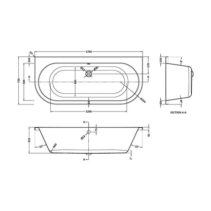 [BBLI020] Lily Back To Wall Bath & Legs - Technical Drawing