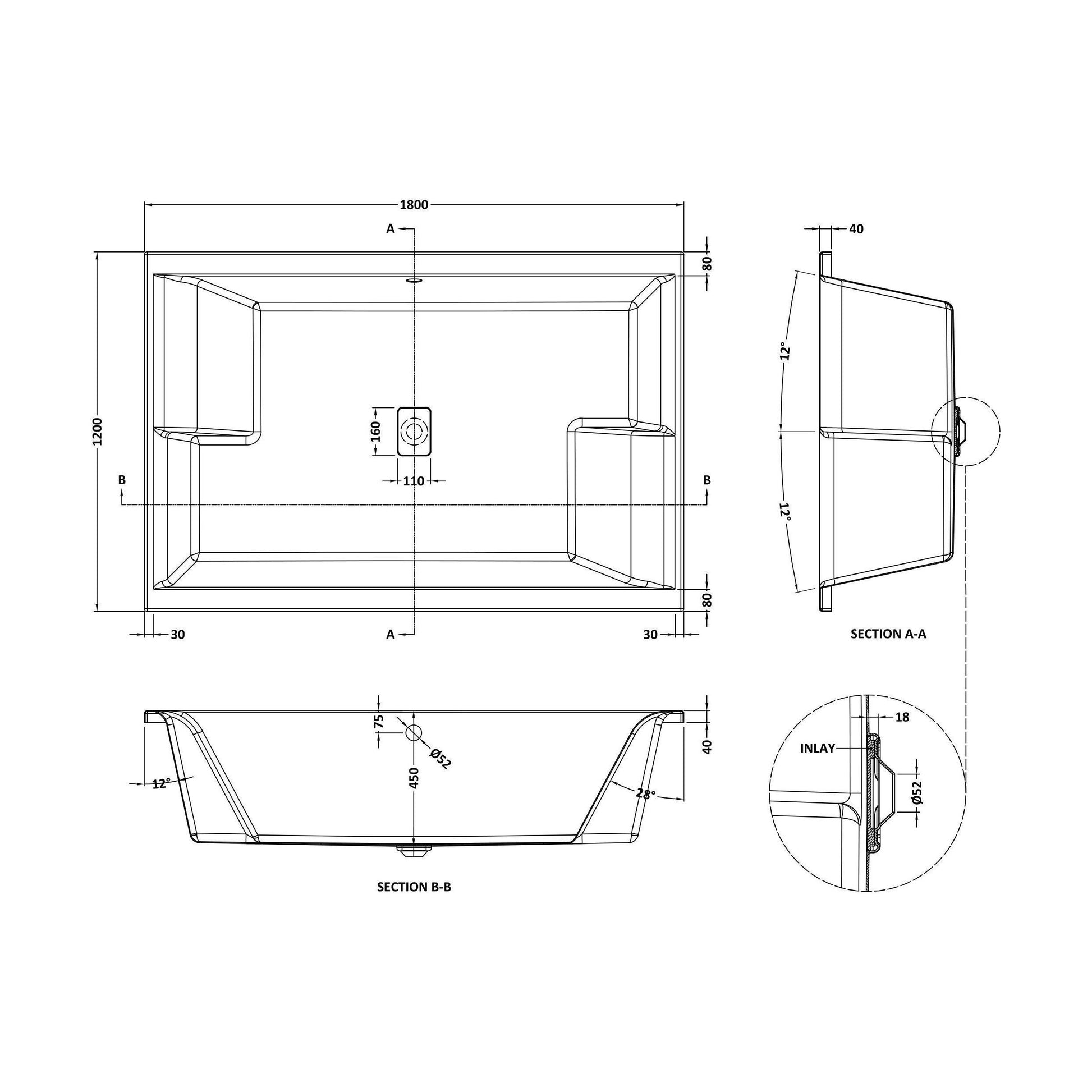 [BBLI1812] Balterley 1800mm Double Ended Bath With Legs - Technical Drawing