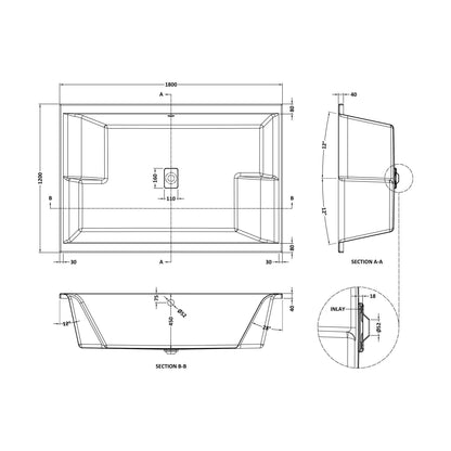 [BBLI1812] Balterley 1800mm Double Ended Bath With Legs - Technical Drawing