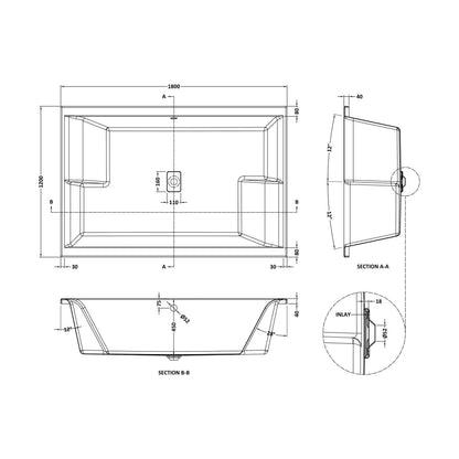 [BBLI812NL] 1800 x 1200 Large Inset Bath Only - Technical Drawing