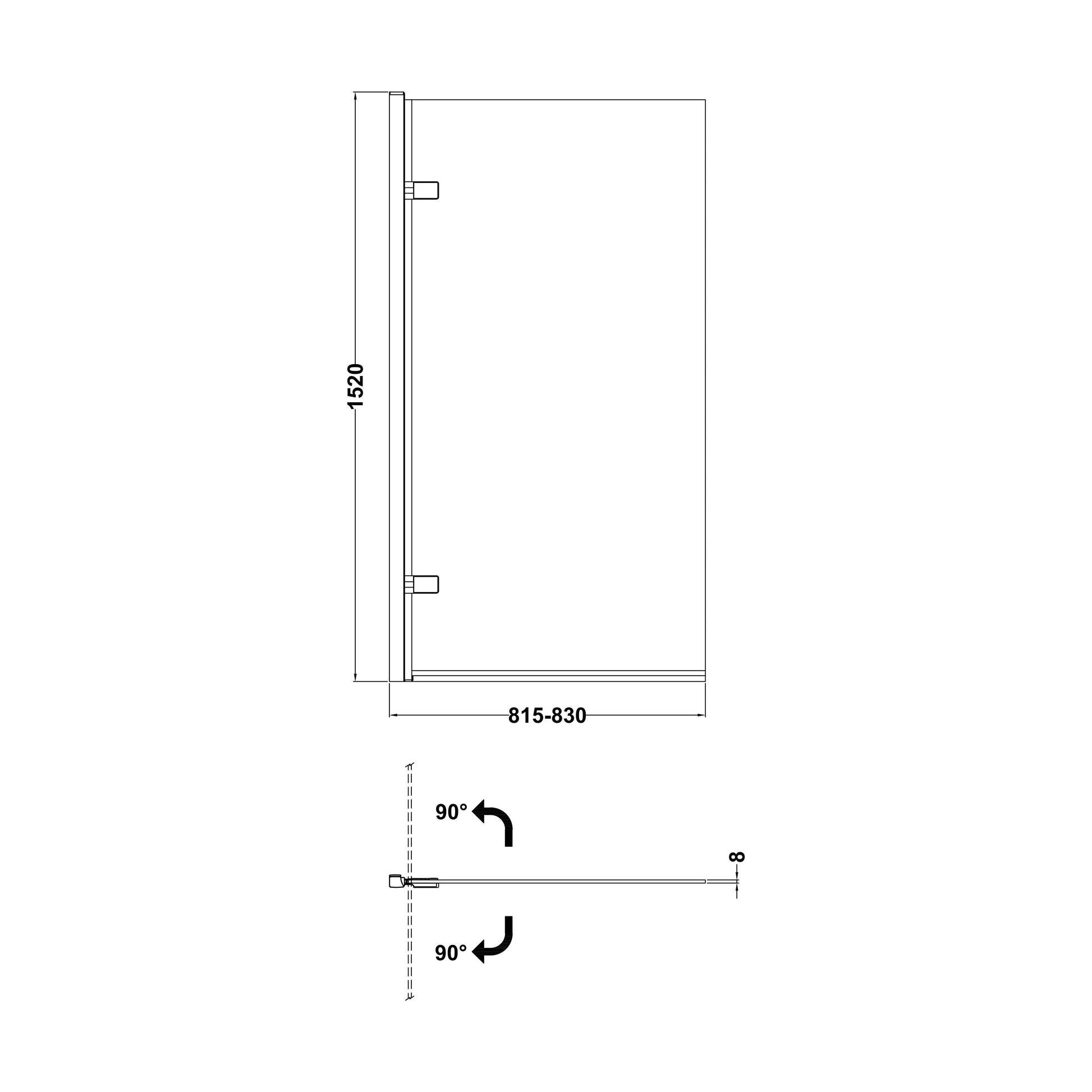 [BBNSSQ7BP] Contemporary 8mm Toughened Safety Glass Reversible Hinged Straight Shower Bath Screen - Choice of Colour - Technical Drawing