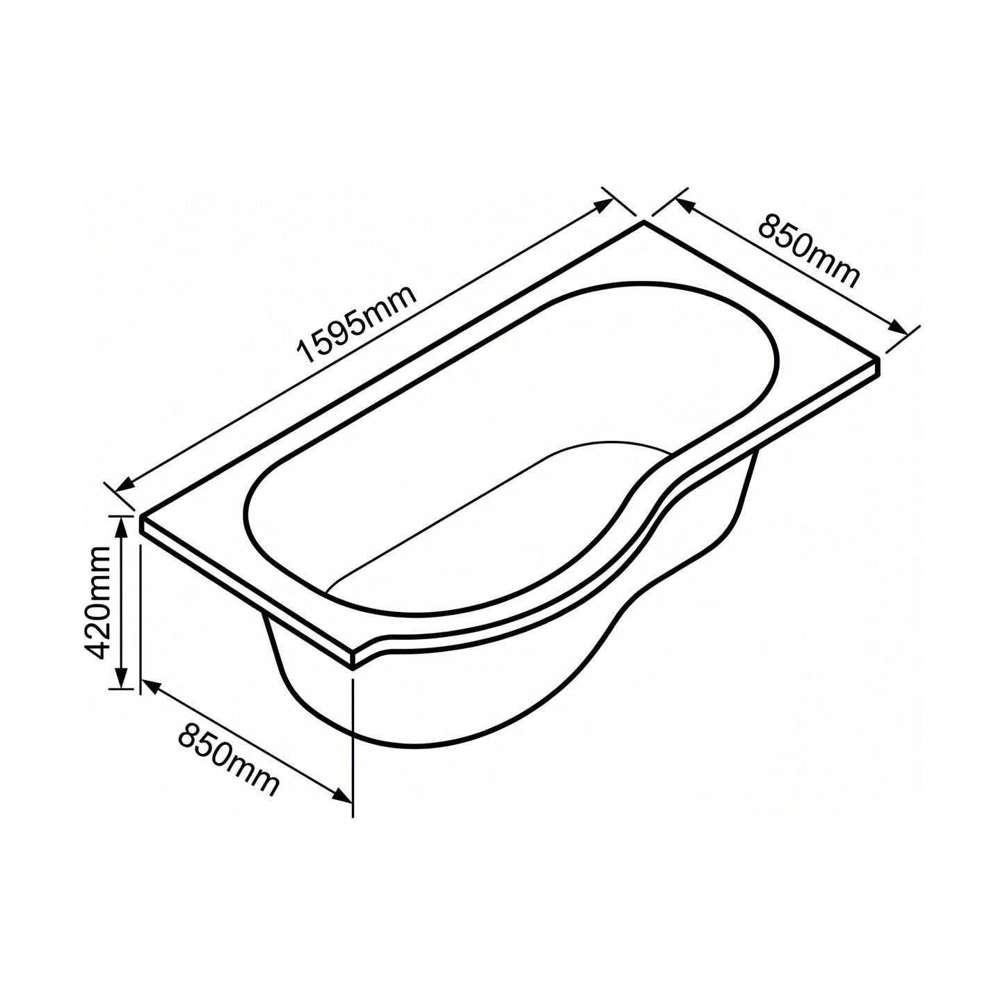 [BBP16PL] Modern Bathroom P Shaped Bath & Panel, 1600 x 850 x 410mm, Left Hand - Technical Drawing
