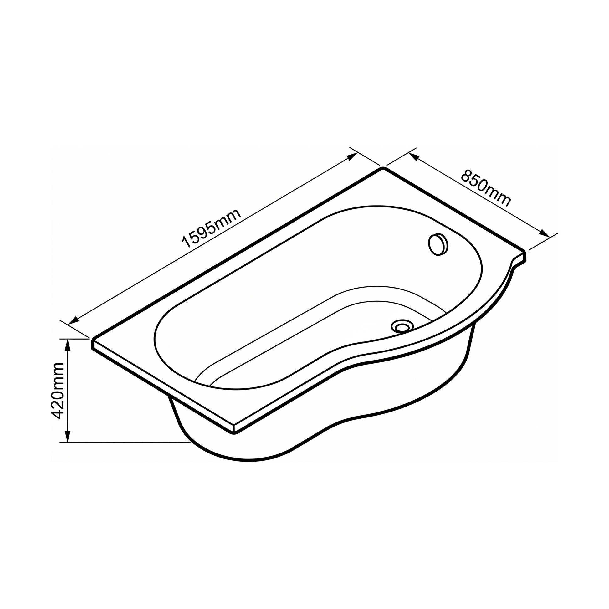 [BBP16PR] Modern Bathroom P Shaped Bath & Panel, 1600 x 850 x 410mm, Right Hand - Technical Drawing