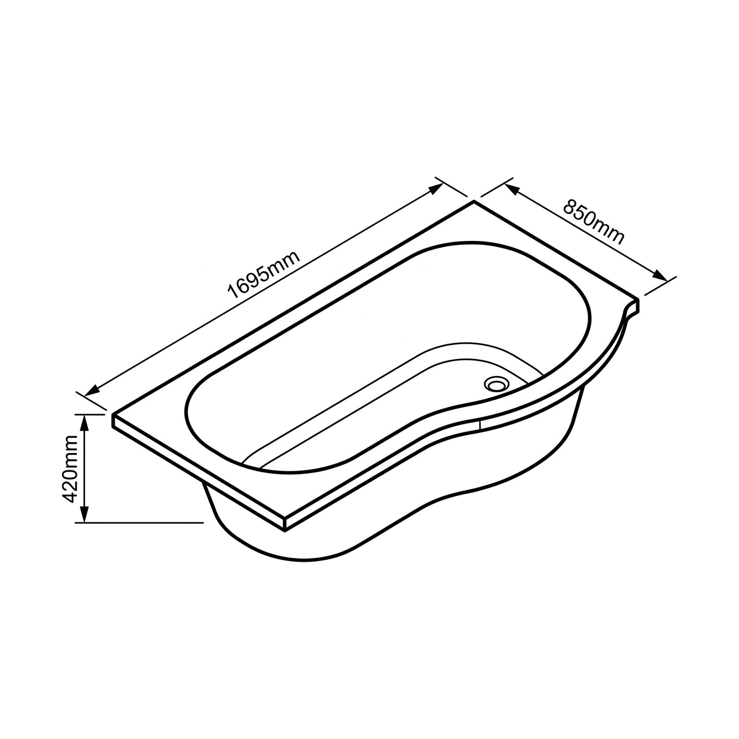 [BBP17PR] Modern Bathroom P Shaped Bath & Panel, 1700 x 850 x 415mm, Right Hand - Technical Drawing