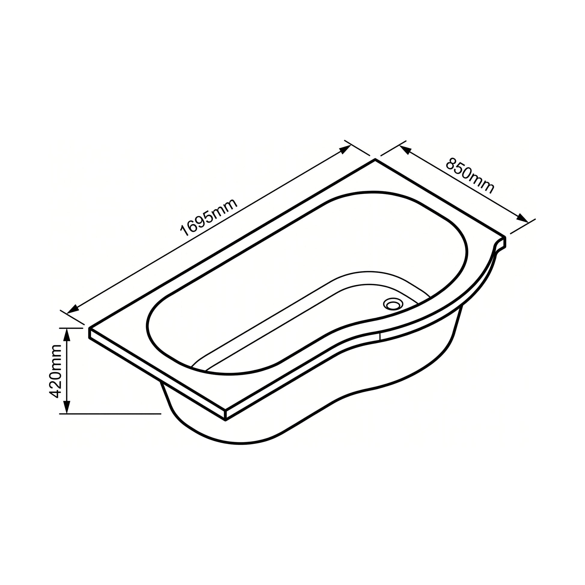 [BBP17PR] Modern Bathroom P Shaped Bath & Panel, 1700 x 850 x 415mm, Right Hand - Technical Drawing