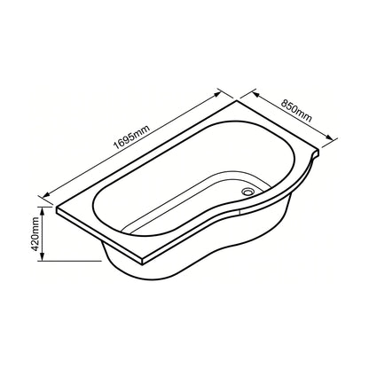 [BBP17PR] Modern Bathroom P Shaped Bath & Panel, 1700 x 850 x 415mm, Right Hand - Technical Drawing