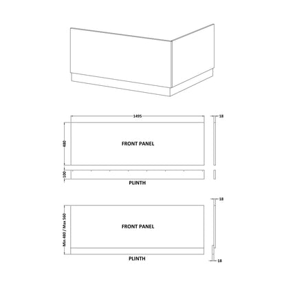 [BBPA101] Gloss White MDF Bath Front Panel with Plinth - Choice of Size - Technical Drawing