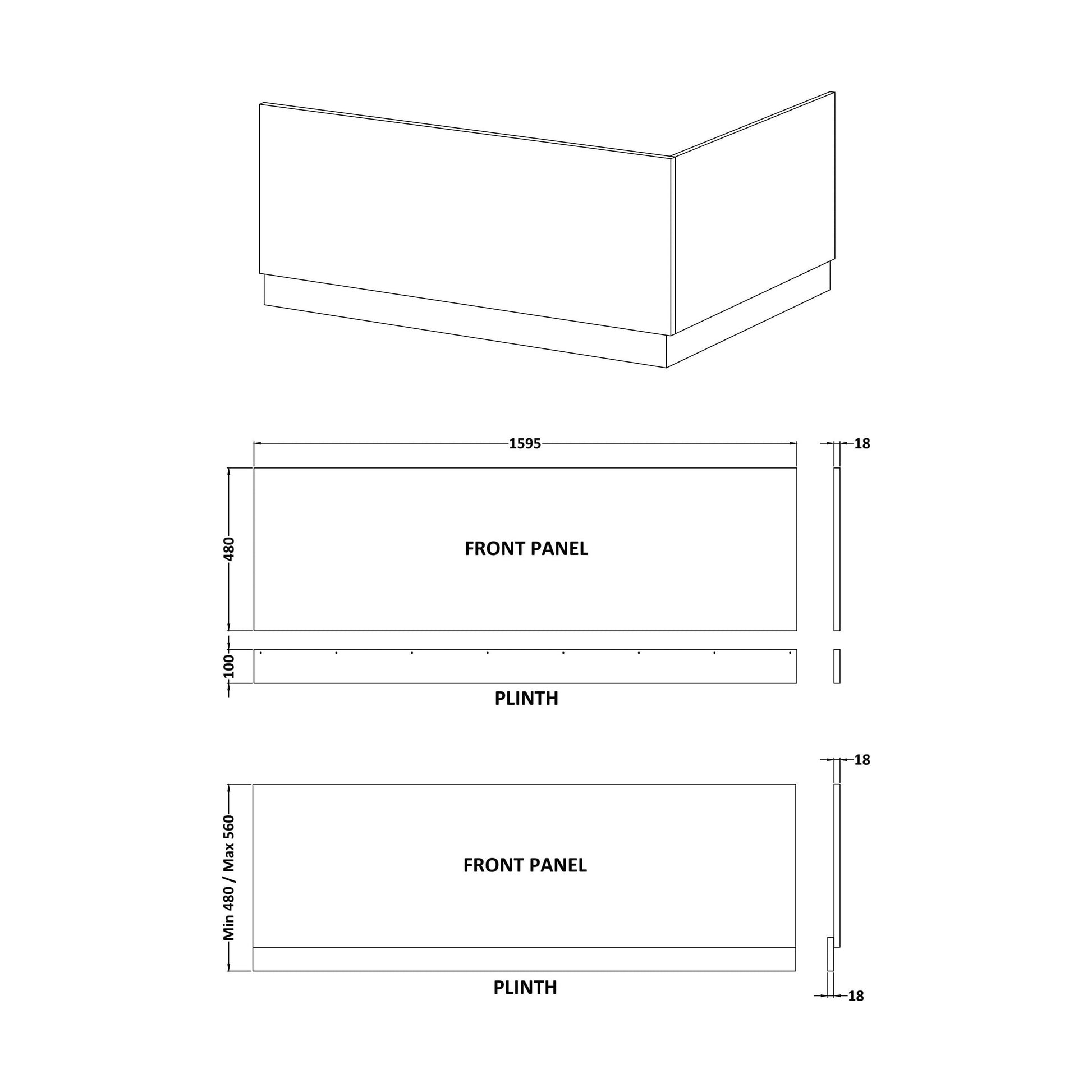 [BBPA103] Gloss White MDF Bath Front Panel with Plinth - Choice of Size - Technical Drawing